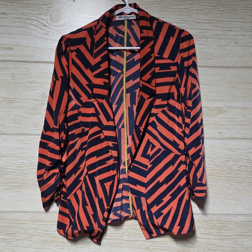 Bold Orange and Blue Geometric Open Blazer
